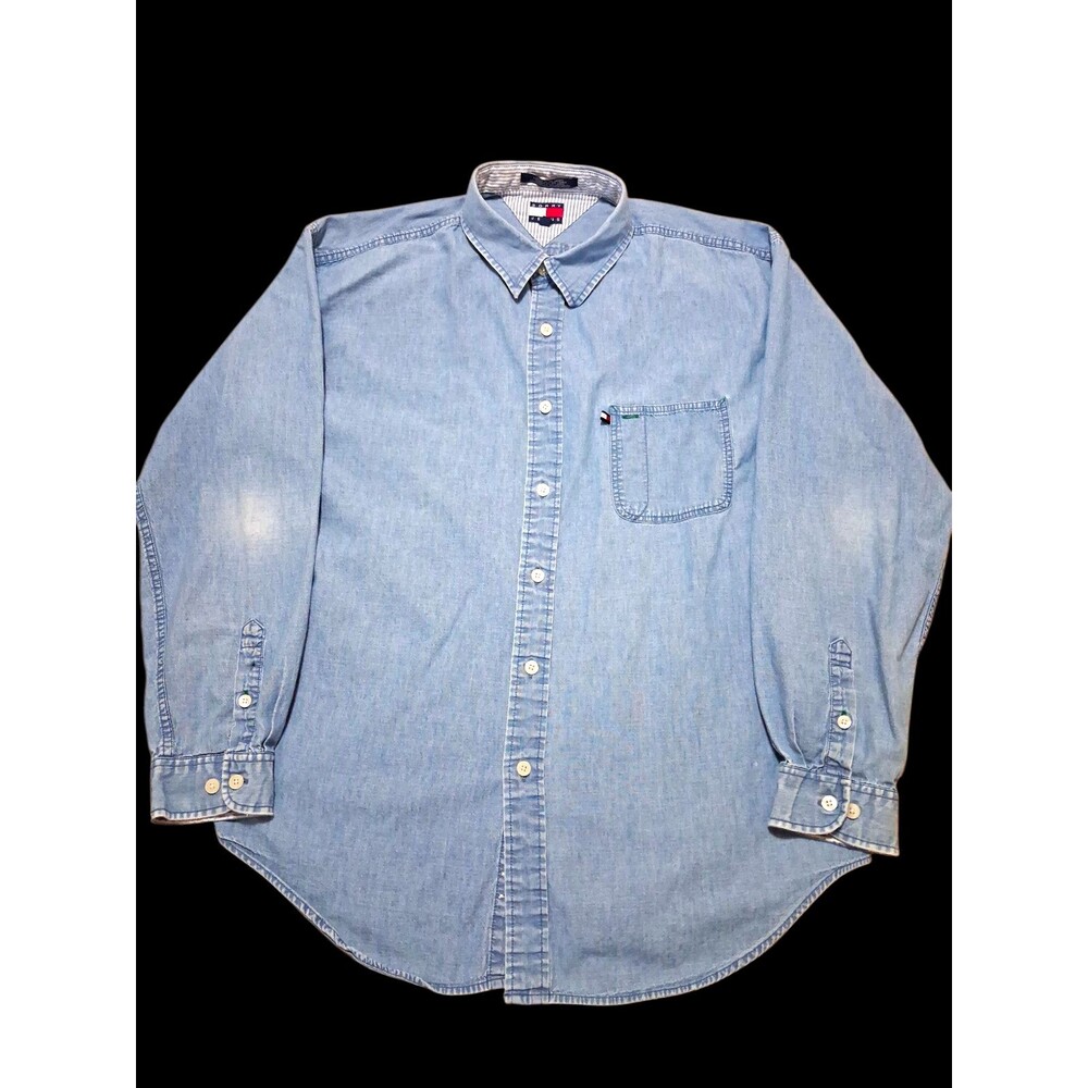 Vintage 90s Tommy Jeans Denim Shirt XXL Blue Flag Logo Button Up Streetwear